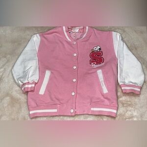 Zara brand 
Pink and White Varsity Jacket with Snoopy Patch